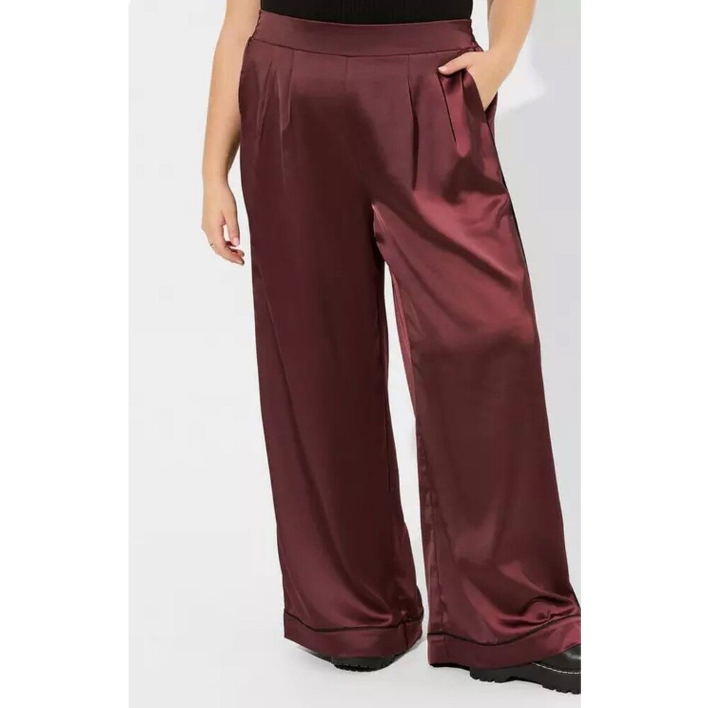 Torrid Wide Leg Satin High Rise Pant Maroon Black Trim 40720618 Pockets Women 4X